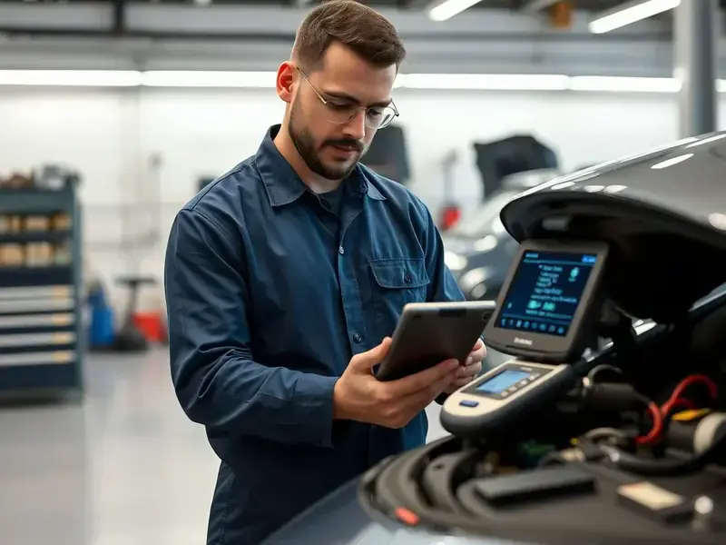 Technician diagnosing electrical system with tablet