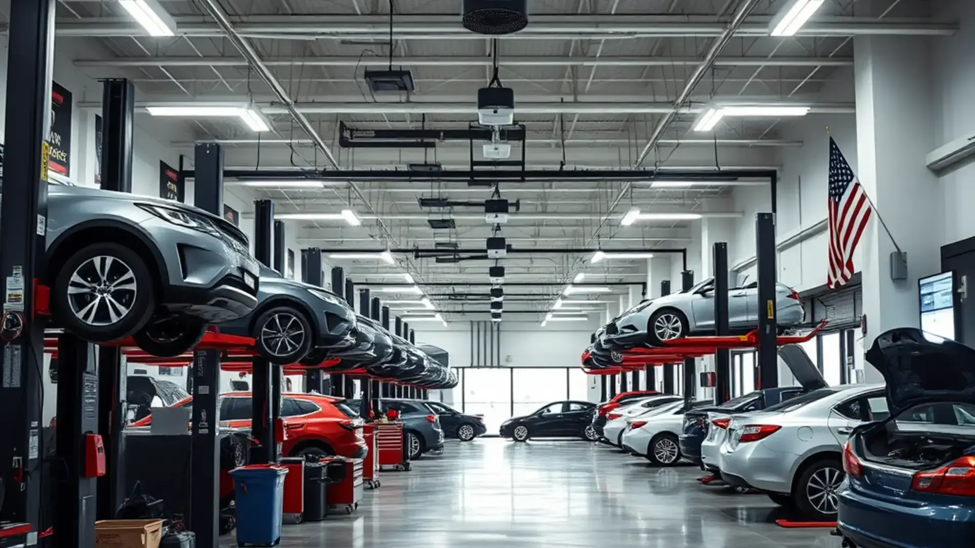 Professional auto repair garage with diagnostic equipment