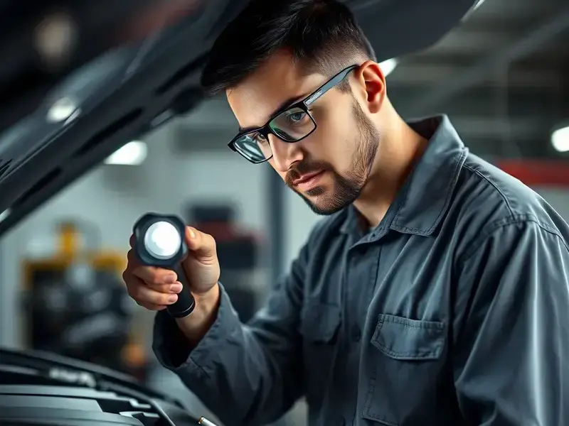 Mechanic performing detailed inspection on vehicle