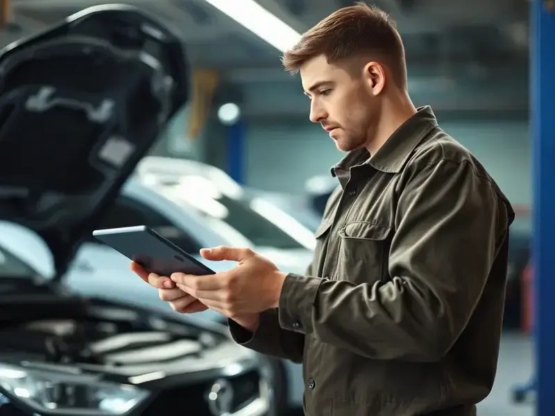Mechanic analyzing diagnostic results on tablet