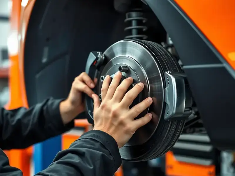 Professional auto mechanic using diagnostic equipment on brake system